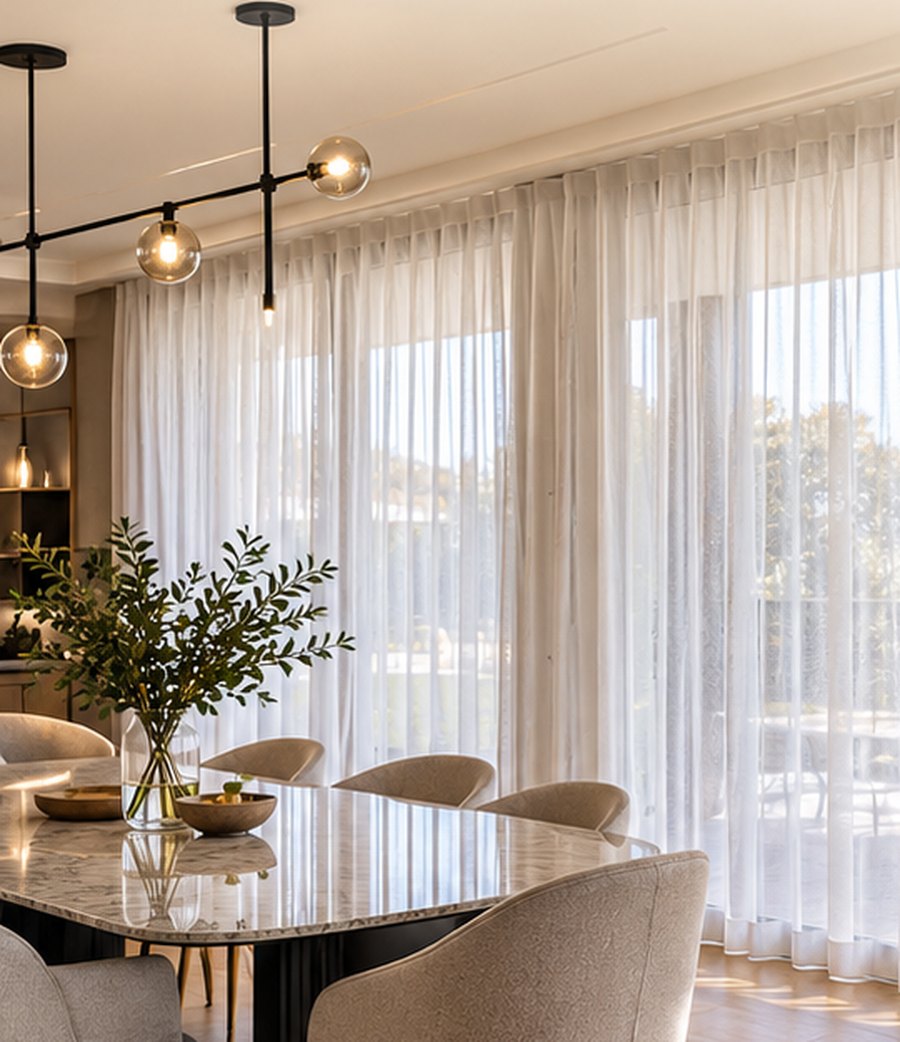 Sheer curtains in a bright dining room
